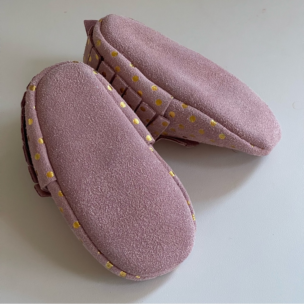 Bird Rock Baby Confetti Blush Pink and Gold Dots Moccasins Sz 6.5 Girl’s Fringe - Picture 10 of 15